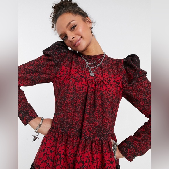 Topshop High Neck Puff Sleeve Mini Dress in Red Print - Picture 3 of 6